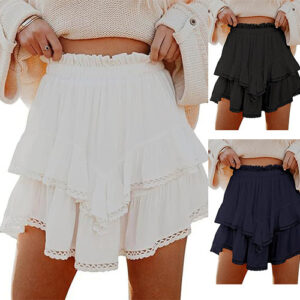 Women's Casual Bohemian Pleated Layered Skirt Fashionable High-Waisted Solid Color Mini Skirt