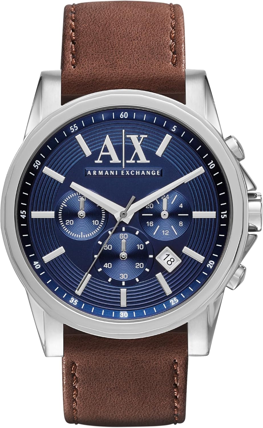 A|X Armani Exchange Stainless Steel Watch with Blue Dial and Brown Leather Strap