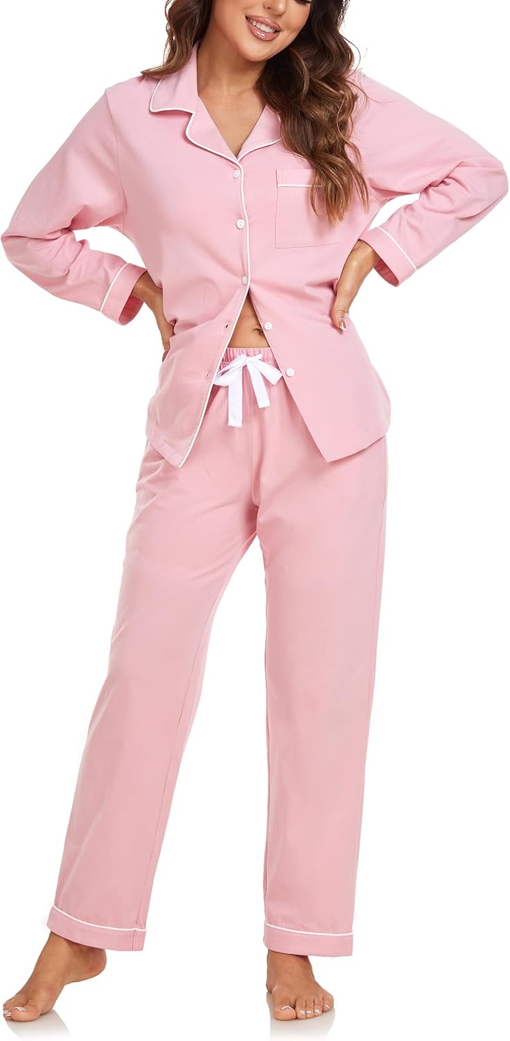 COLORFULLEAF Womens Pyjama Sets 100% Cotton Nightwear Soft Button Down Long Pjs Two Pieces Sleepwear Ladies Loungewear