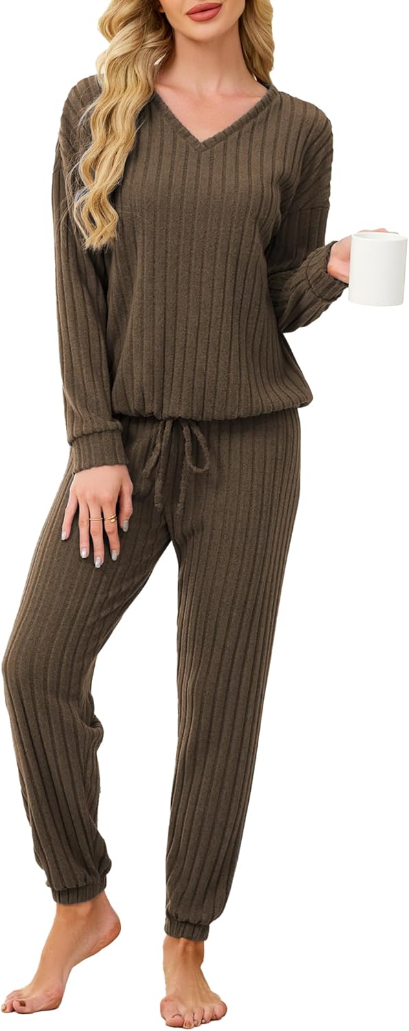 Famulily Women’s Pyjama Sets V Neck Ribbed Tops with Drawstring Hem and Cozy Jogger Pants Ladies 2 Piece Pajamas S-XL