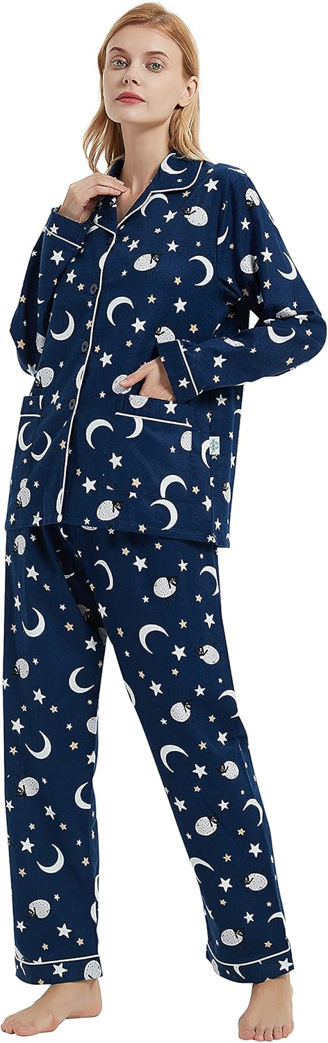 GLOBAL Pyjamas for Women Flannel Cotton Sleepwear long Ladies Pyjamas Sets Button Down Loungewear