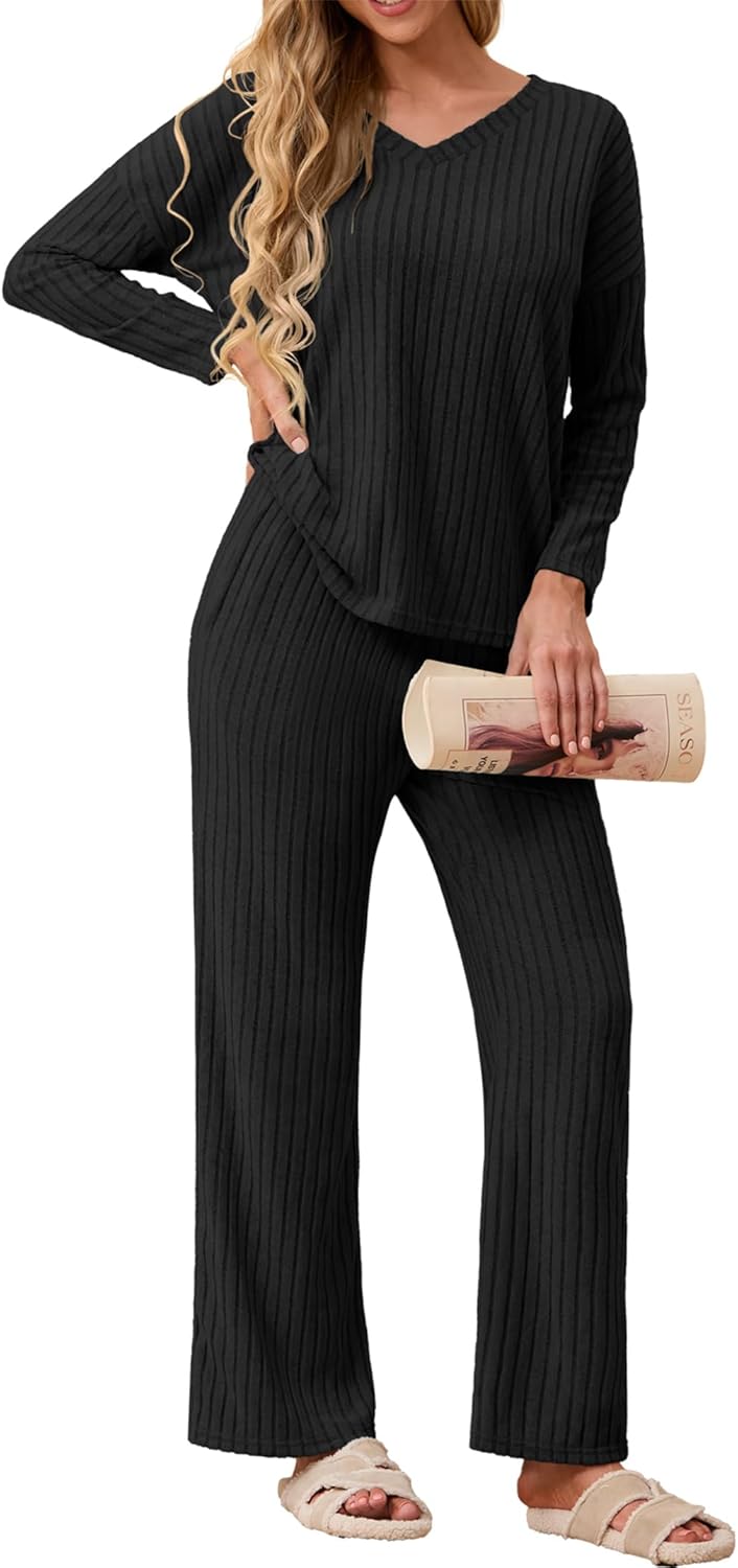 GRECERELLE Womens Pyjamas Set Lounge Wear Pjs for Women UK Ribbed Loungewear Autumn 2 Piece Outfits V-Neck Long Sleeve Blouses And Wide Leg Trousers Sleepwear Homewear