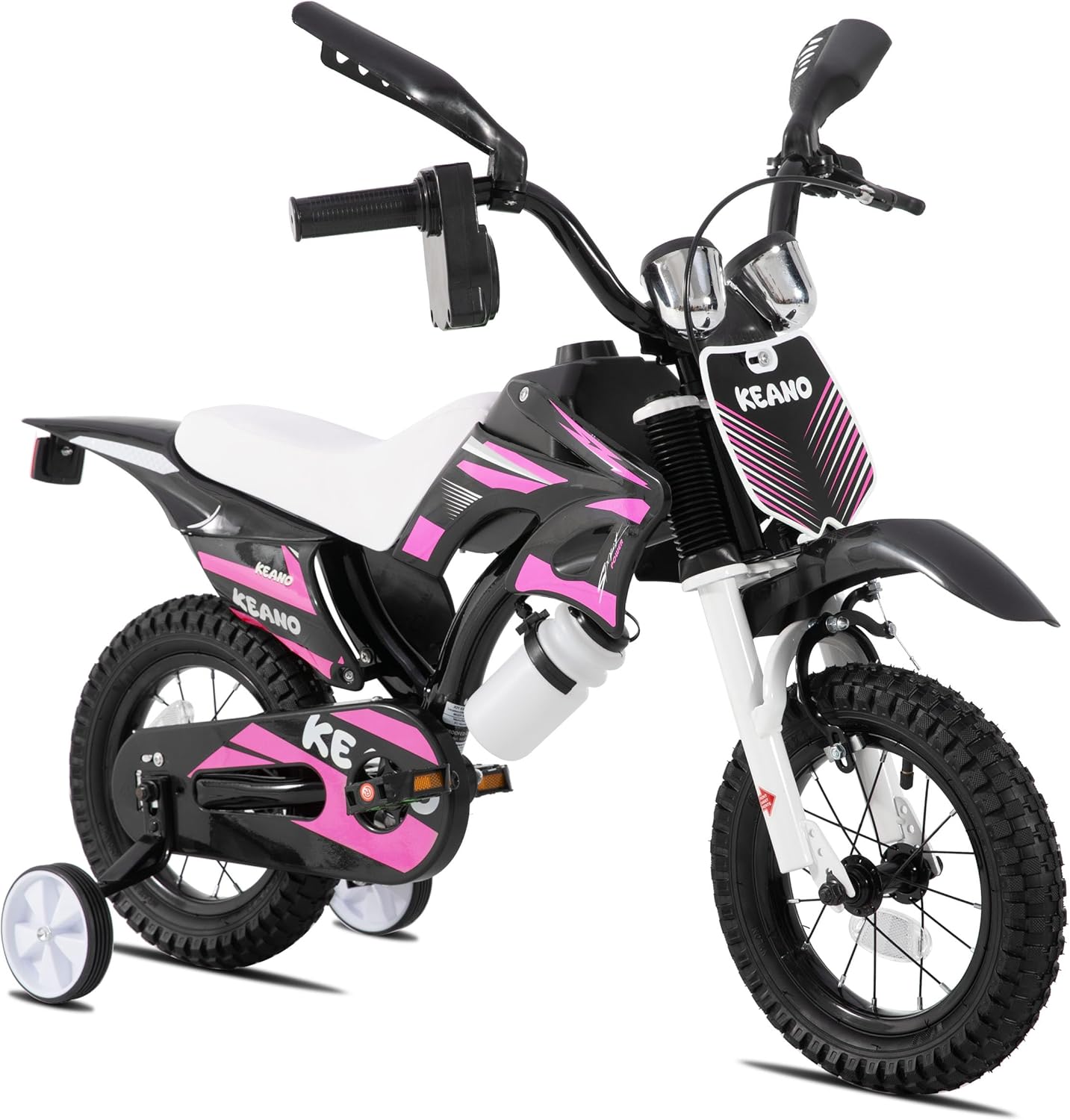 KEANO Motocross Style Kids Bike for Boys Girls Ages 3-7 Years, 12 & 16 Inch Bikes with Training Wheels and Number Plate, Children Bicycles Black