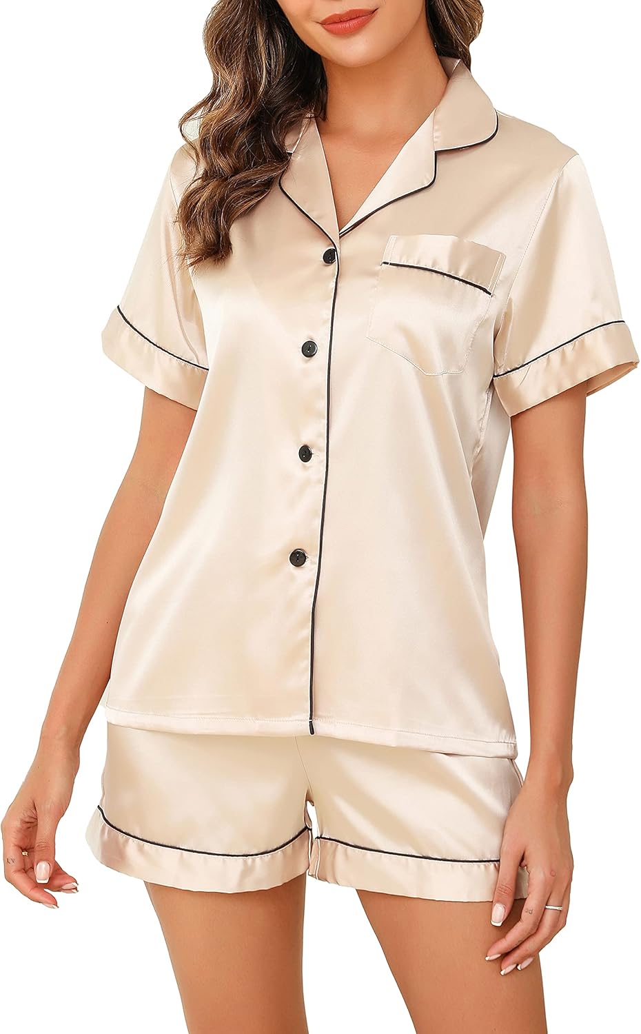 Lovasy Silk Pyjamas for Women Classic Satin Pyjama Set Button Down Ladies Pyjamas Two Piece Pjs for Women Sets Sleepwear Loungewear