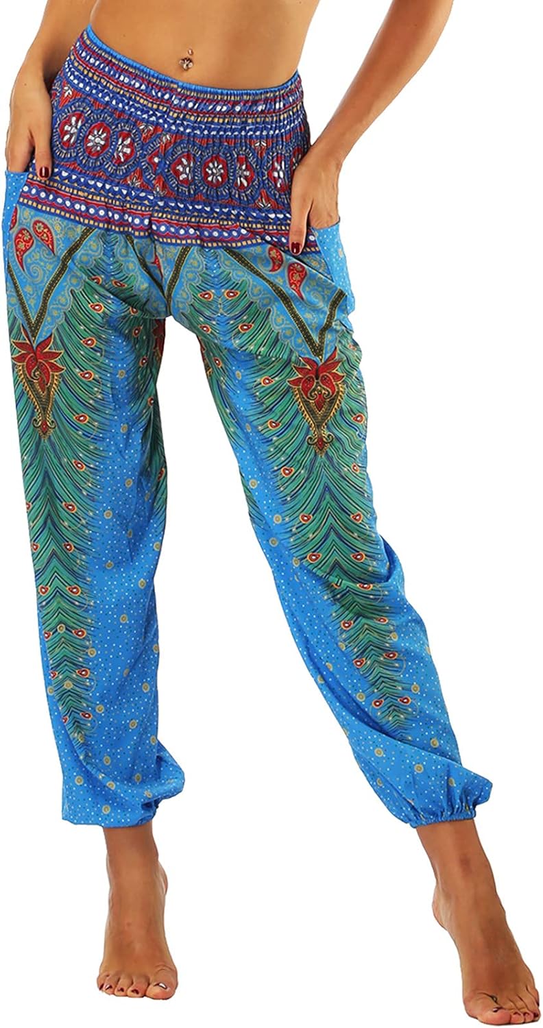 Nuofengkudu Women’s Harem Hippie Pants Baggy Boho Patterned High Waist Smocked Waist Thin with Pockets Lounge Trousers for Yoga Summer Beach