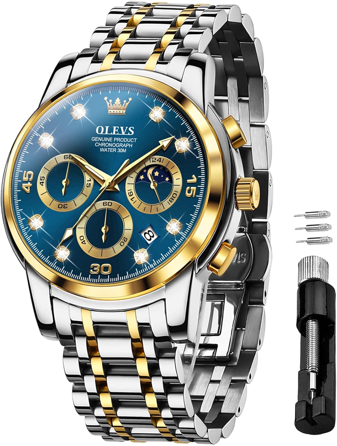 OLEVS Men’s Wrist Watches Two Tone Stainless Steel Quartz Watch Diamond Chronograph Moon Phase Gold Blue Black Dial Male Watch Waterproof Luminous