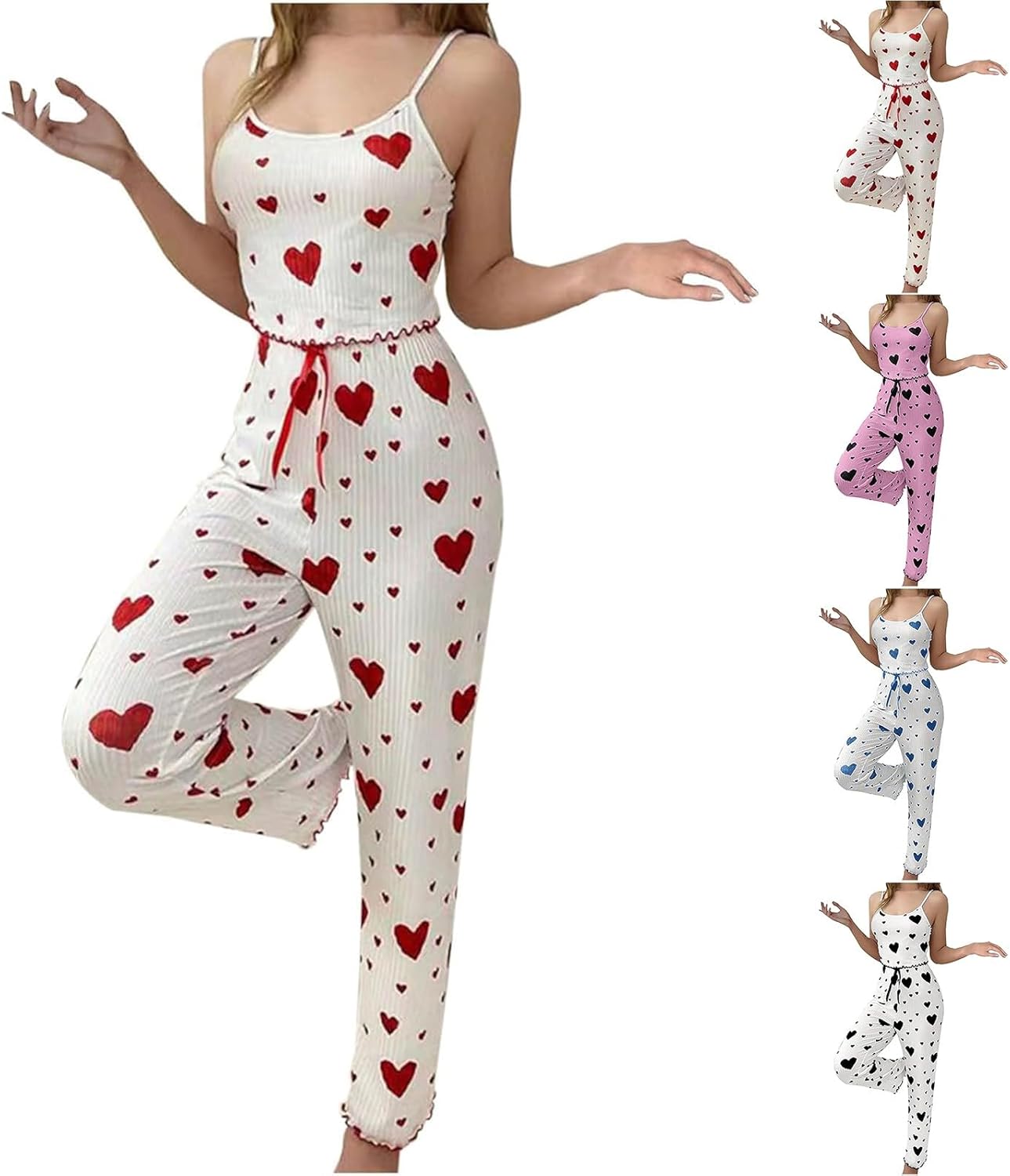 Pajamas for Women uk Heart Print Pajama Set Sleeveless Cami Top + High Waist Pants Comfortable Trousers Pjs Set Soft Loungewear Cute Sleepwear Pjs Sets