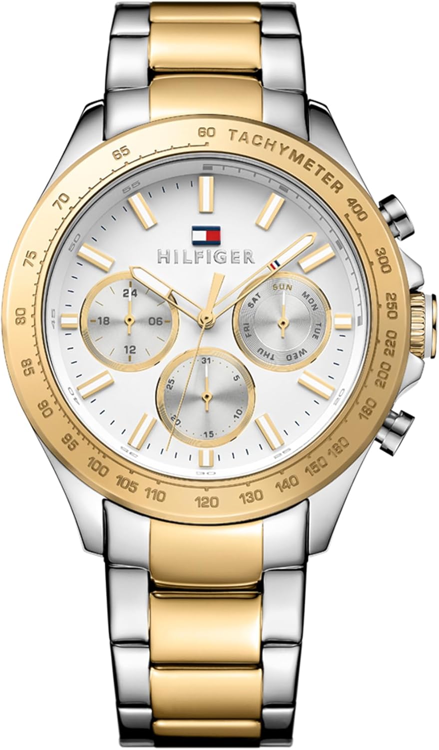 Tommy Hilfiger Men’s 45.5mm Multifunction Quartz Watch – White Dial, Two-Tone Stainless Steel Bracelet with Gold IP, 3 Sub-Dials, 5ATM Water Resistant – 1791226