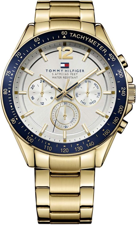 Tommy Hilfiger Men’s 48mm Multifunction Quartz Watch – Gold Stainless Steel Bracelet, Silver White Dial, 3 Sub-Dials, 5ATM Water Resistant – 1791121