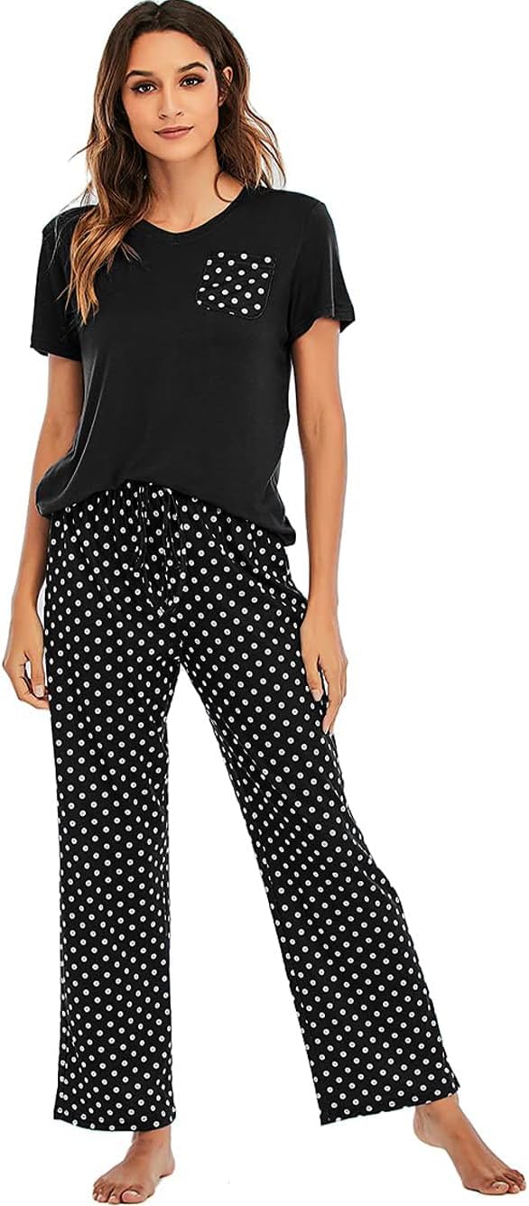 Womens Pajamas Set Cotton Short Sleeve Swiss Dot Soft Casual Sleepwear Nightwear Loungewear V Neck T Shirt and Wide Leg Pant Two Piece Pj Sets with Pockets