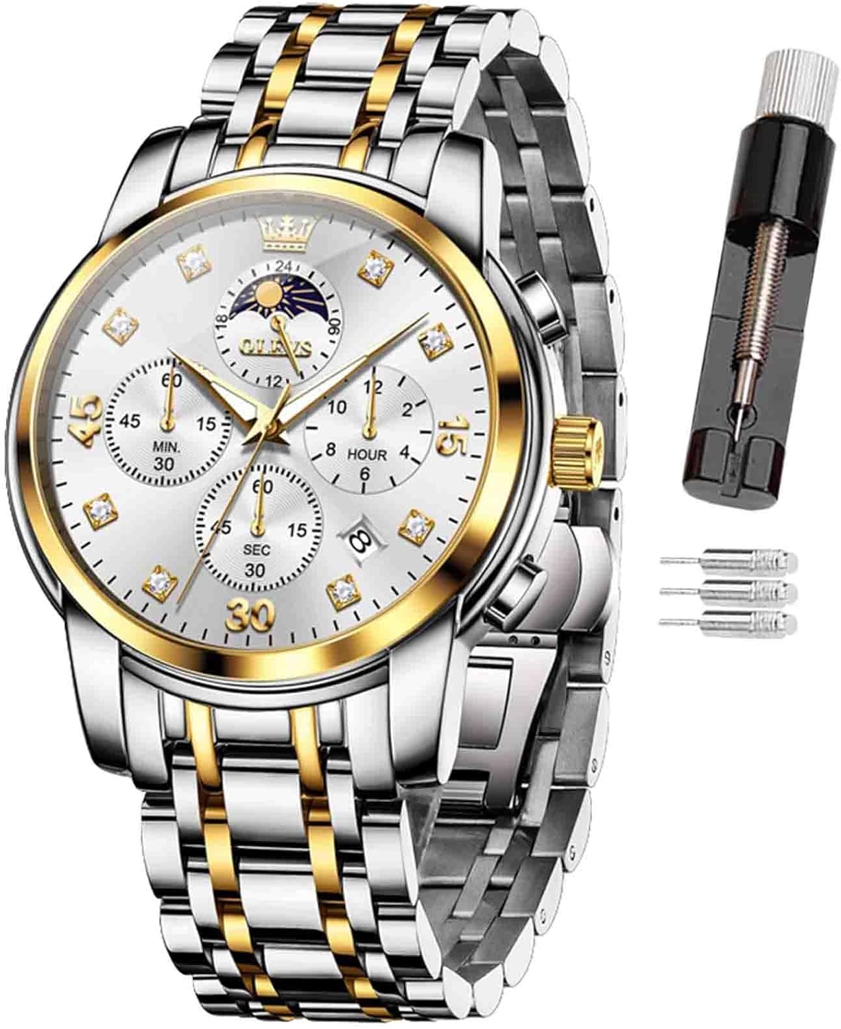 OLEVS Mens Watches Chronograph Stainless Steel Analog Quartz Watch for Men, Business Wrist Watch with Luminous Hands, 24-Hour Moon Phase, Auto Date, Waterproof 30M, Link Adjustment Tool Included