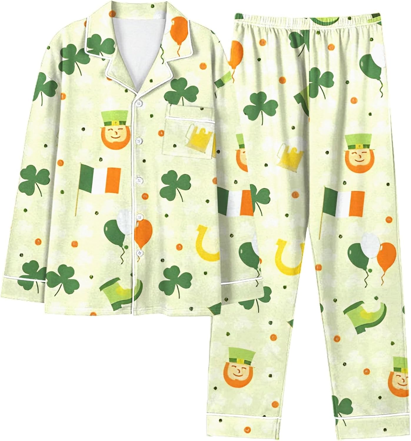 HUIFUAO St Patricks Day Pjs Women Funny Shamrock Pajamas Sets Irish St Paddy Day Outfits Green Clover 2 Piece Pyjamas Sleepwear Plus Size Long Sleeve Shirts and Trousers Holiday Loungewear