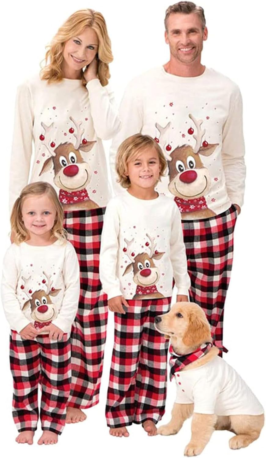 2025 Matching Christmas Pajamas Set Family Pyjamas with Cute Reindeer Elk Plaid Print Nightwear Cozy Flannel Xmas Pjs for Women Men Kids Baby Dog Sleepwear Holiday Loungewear Christmas Eve Outfit