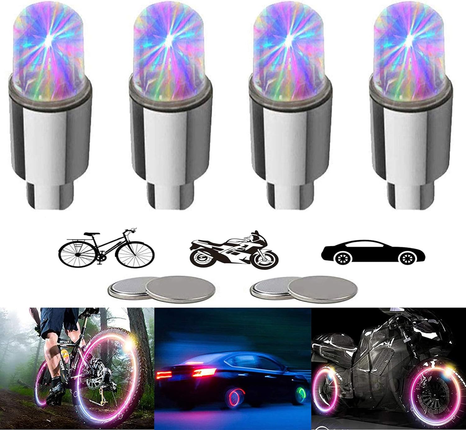 4/8 LED Bike Wheel Lights Car Tire Valve Stems Caps Bicycle Motorcycle Waterproof Tyre Spoke Flash Lights Cool Reflector Accessories for Kids Men Women with 10 Extra Batteries