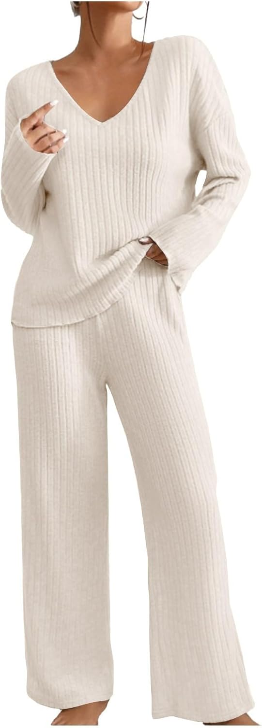 AMhomely Womens Loungewear Set Nightwear Ladies Ribbed 2 Piece Outfits – Pyjamas Sets Leisure Suits Homewear V Neck Long Sleeve Jumpers Wide Leg Trousers
