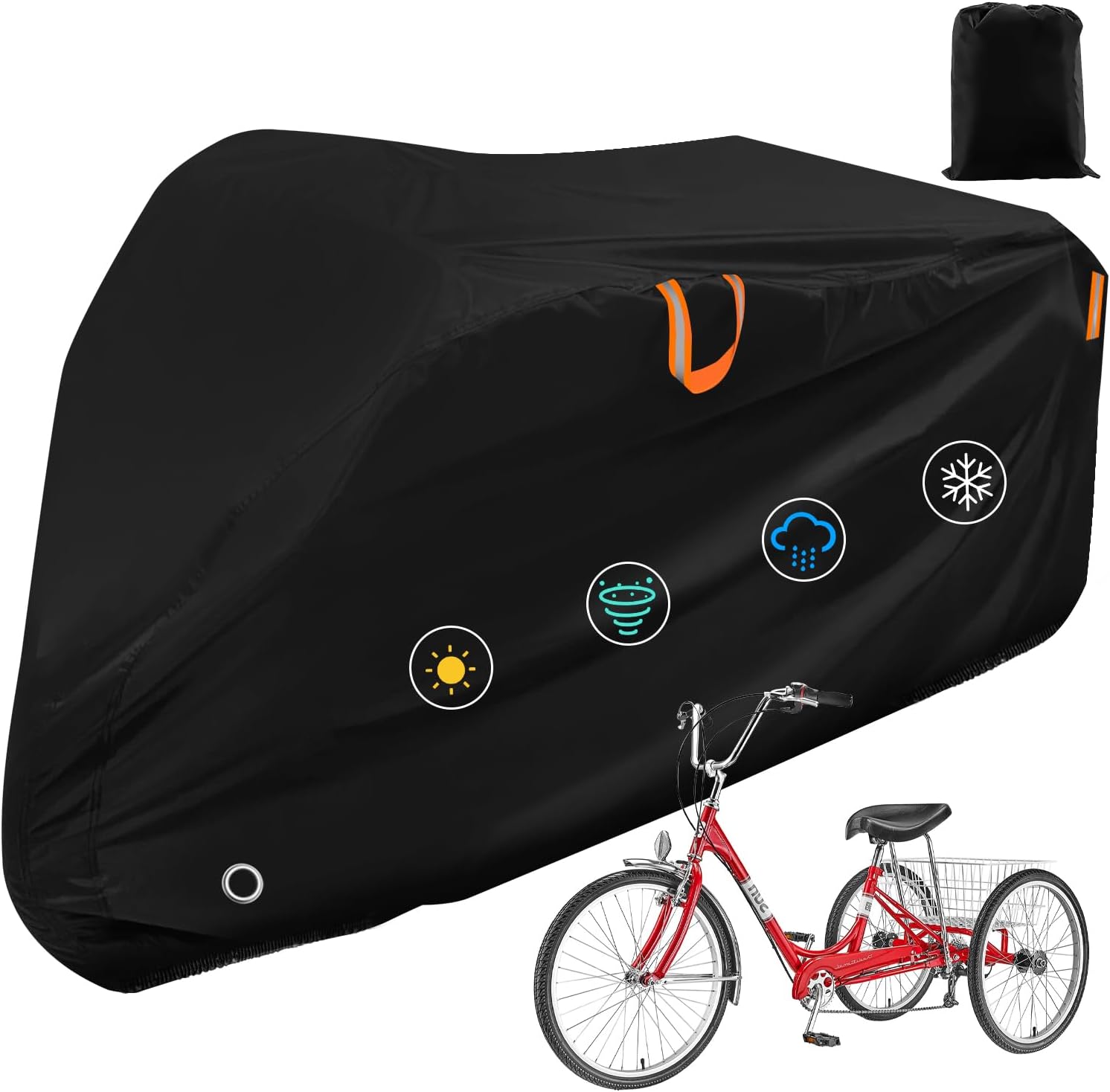 Adult Tricycle Cover Outdoor Storage Waterproof ,Heavy Duty Anti-UV 420D Tearproof Bike Covers Fit for Electric Trike,3 Wheels eTrike Bicycle, All Weather Use,Windproof Buckle,Lock Hole