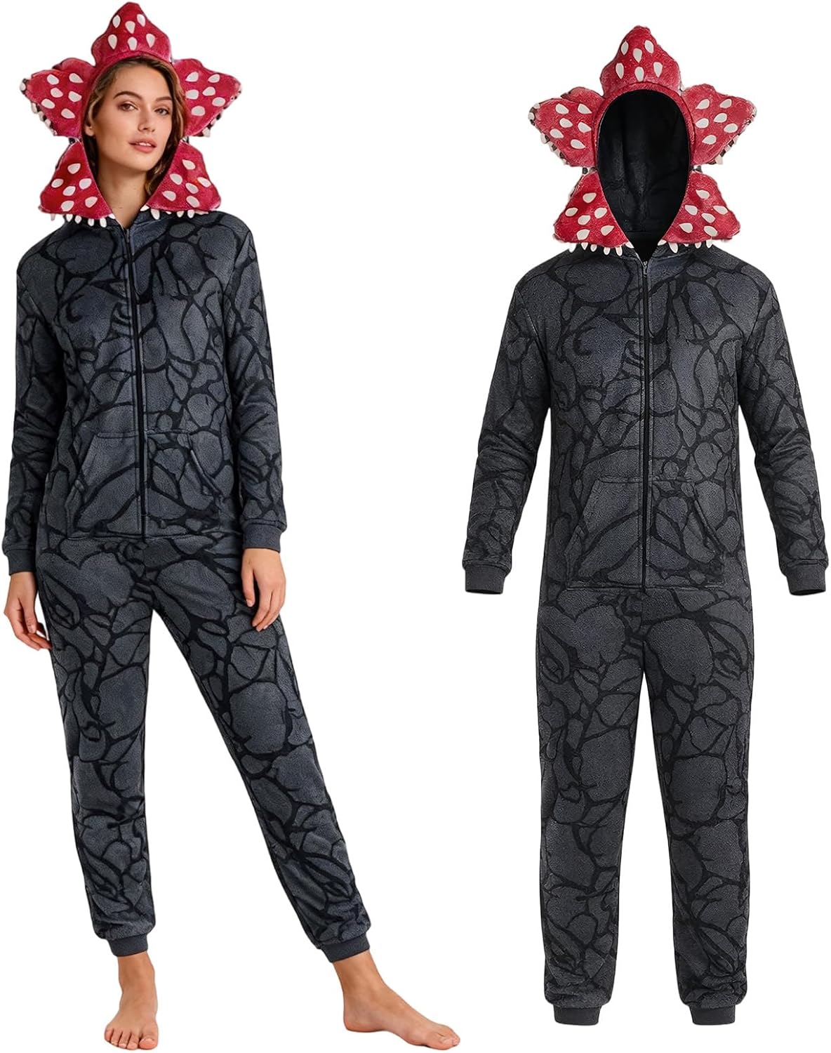 Amycute Unisex Demogorgon Onesie for Womens Mens Demogorgon Pyjama Long Sleeved One Piece Pajamas Hooded Fleece Sleepwear Winter Christmas Pajama for Family