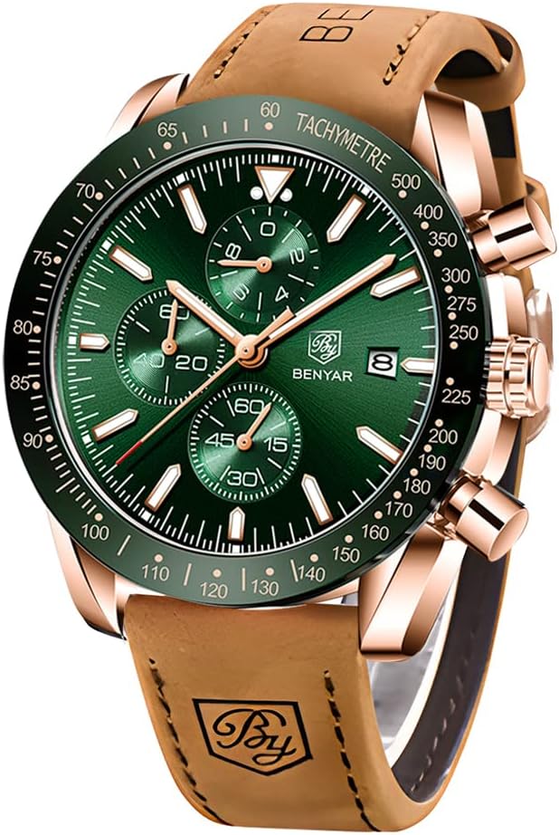BENYAR Men’s Quartz Watch Sport Chronograph Fashion Business Brand Luxury Waterproof Analog Date Watch Men Brown Leather Watch for Men