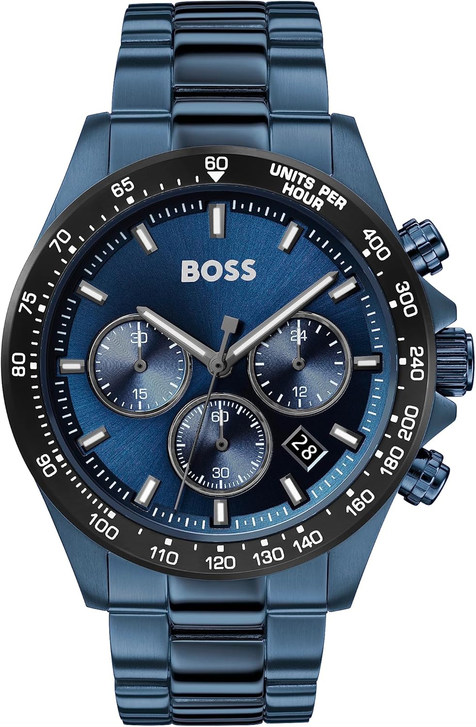 BOSS Men’s 43 mm Chronograph Quartz Watch Hero Collection with Stainless Steel Bracelet Link or Mesh, Date Function, 3 Sub-Dials, 5ATM Water Resistant