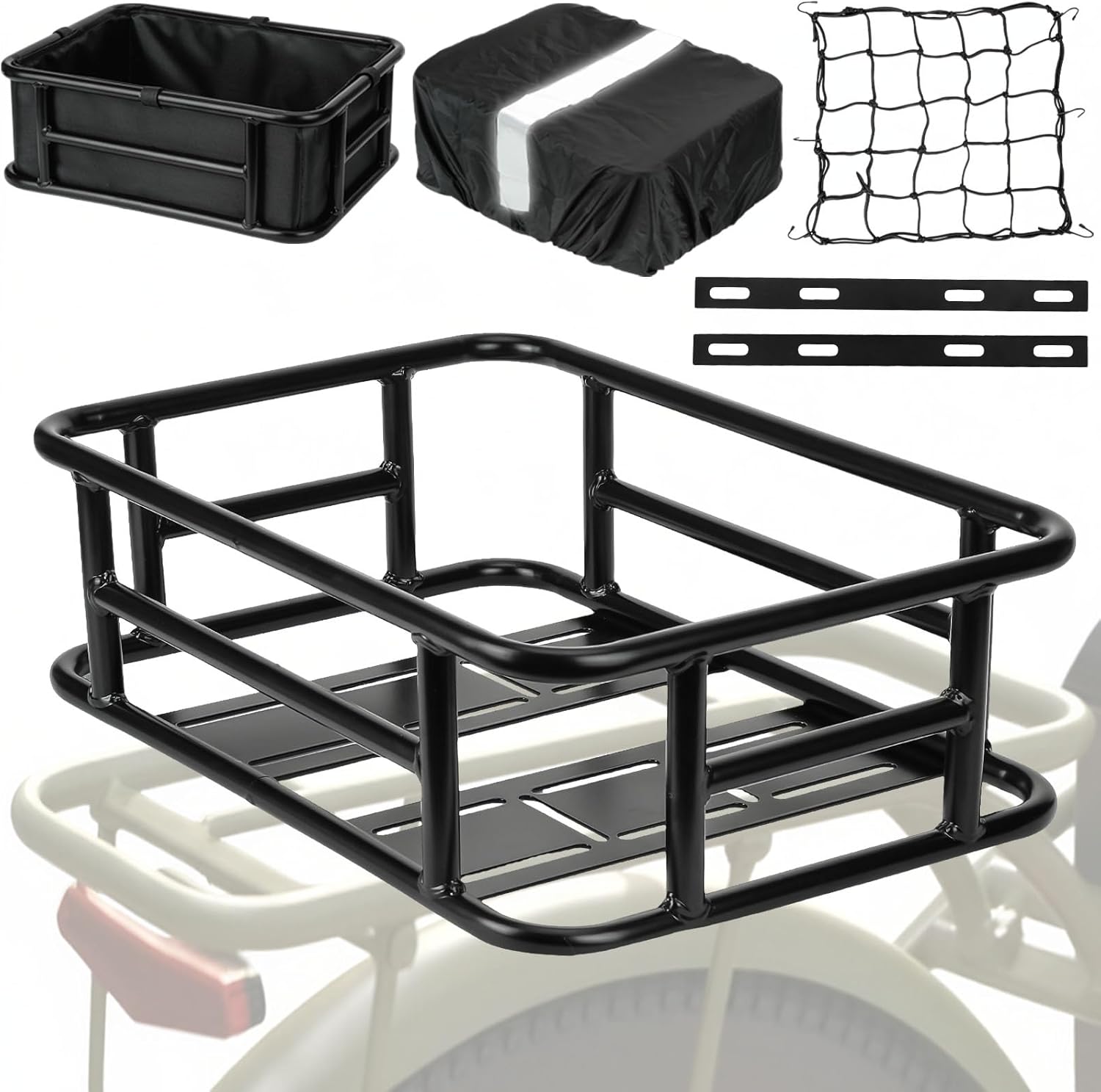 Bike Basket Rear – Large Capacity Heavy Duty Bicycle Basket with Liner,Cargo Net,Waterproof Cover – Ebike Accessories for Adult Bikes,Electric Bike,Carrying Grocery,Ball,Dog