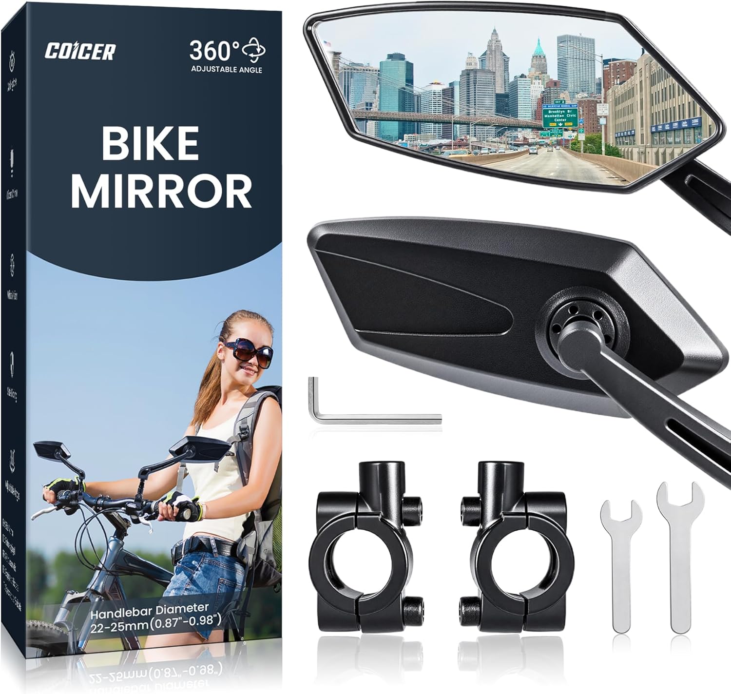 Bike Mirror Handlebar Mount 360° Adjustable 2pcs, Accessories Bike Side Mirror, E Bike Mirrors for Handlebars, Scooter Mirrors for Handlebars with Scratch Resistant Glass, E Bike Rear View Mirror
