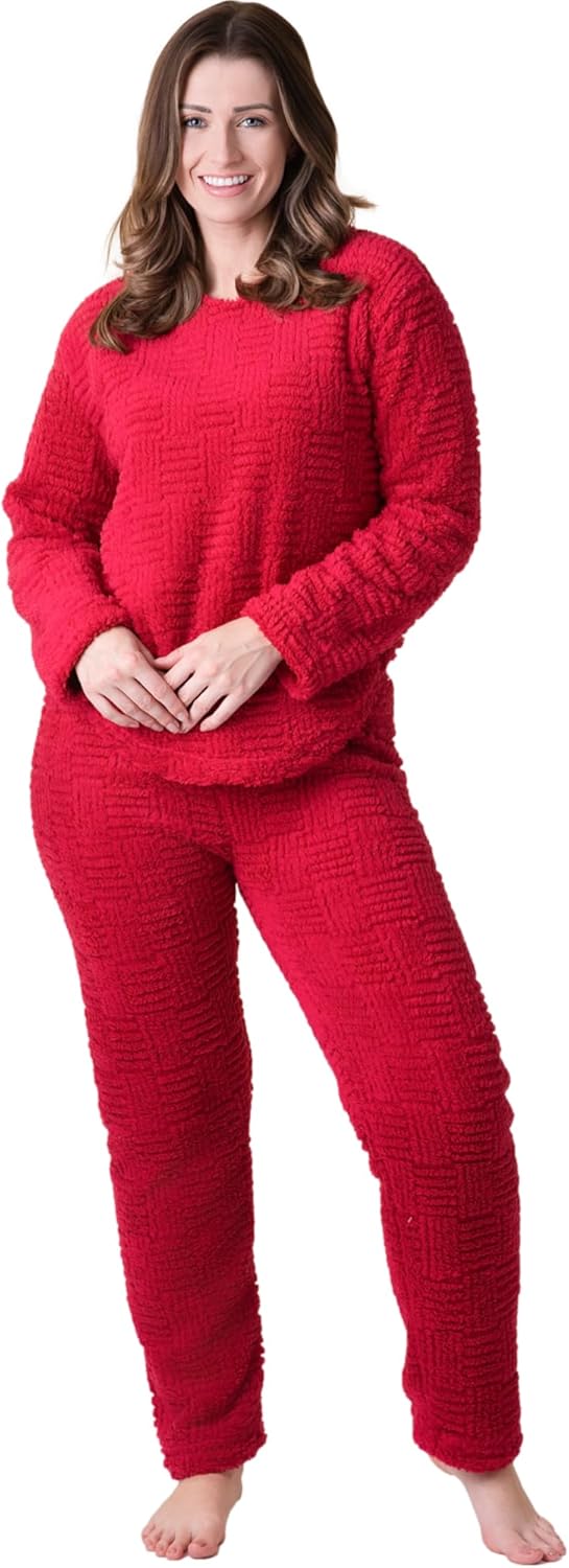 Camille Ladies Pyjamas – Jacquard Sherpa Fleece | Cosy Lounge Wear Set | Long Sleeves, Crew Neck & Elastic Waist | Warm & Snug 2-Piece PJ Top & Bottoms | Comfy Luxury