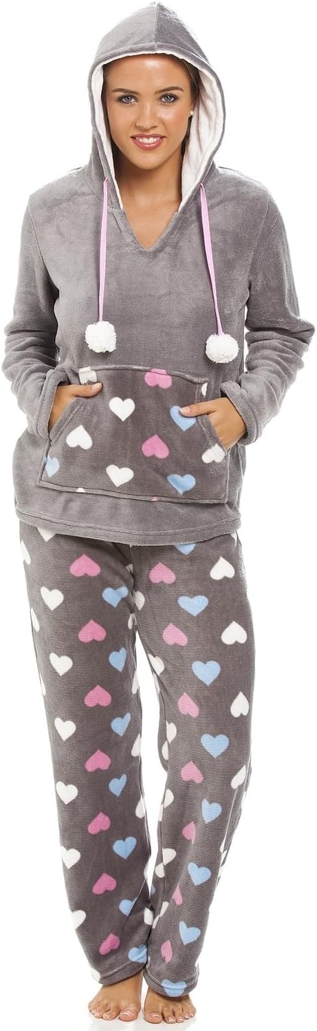 Camille Womens 2-Piece Hooded Super Soft Pyjama Set | Warm, Thick Fleece Full Length PJ Set, Top & Bottoms | Long Sleeves, Front Pocket & Elastic Waist | Loungewear for Women