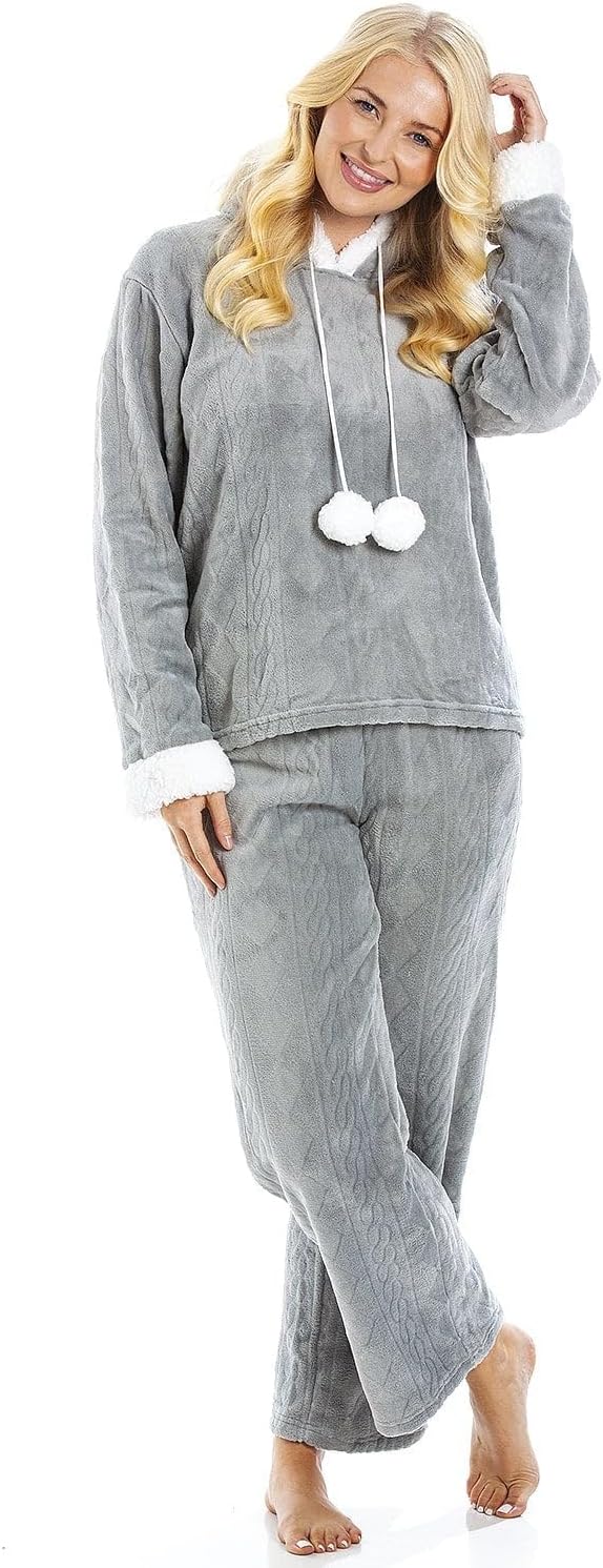 Camille Womens 2-Piece Super Soft Pyjama Set | Sherpa Lined Hood | Thick Fleece Full Length PJs, Top & Bottoms | Long Sleeves, Elastic Waist | Luxury Loungewear for Women