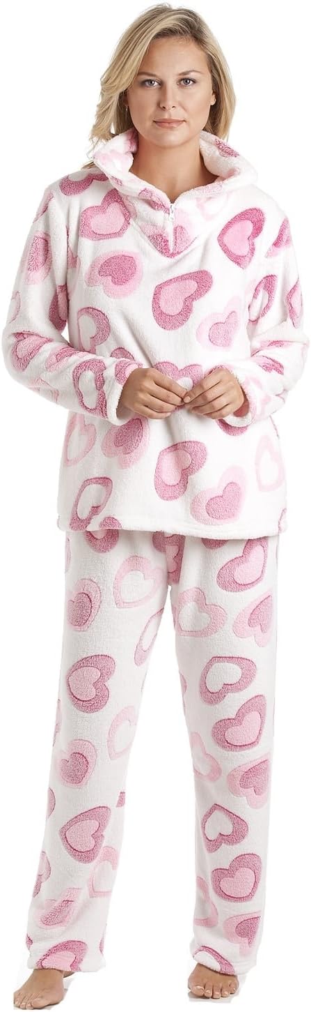 Camille Womens 2-Piece Super Soft Pyjamas – Glitter Heart Print | Warm, Thick Fleece Full Length PJs, Top & Bottoms | Long Sleeves, Pocket & Elastic Waist | Loungewear for Women