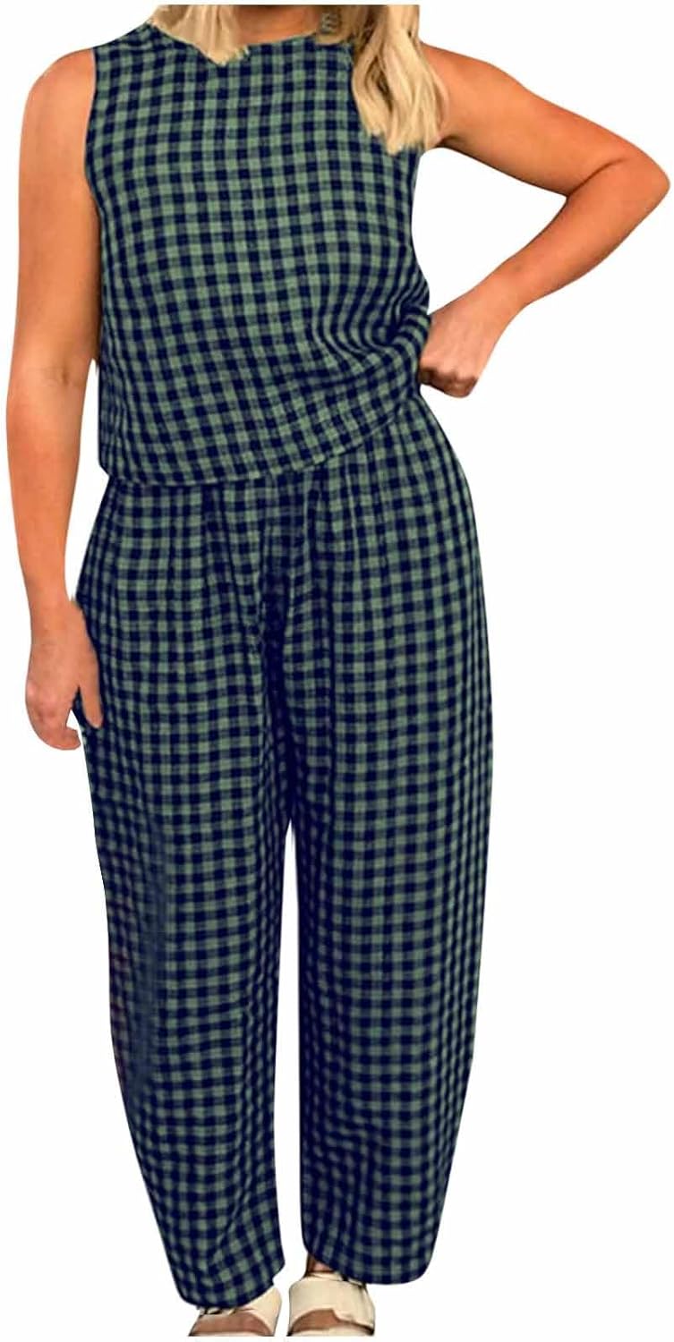 Co Ord Sets For Women Summer Lounge Wear Sets Plaid Pyjamas Sleeveless Vest Tops Baggy Trousers 2 Piece Outfits Checked Pj Bottoms Cotton Tops Casual Tracksuit Gym Outfits Streetwear