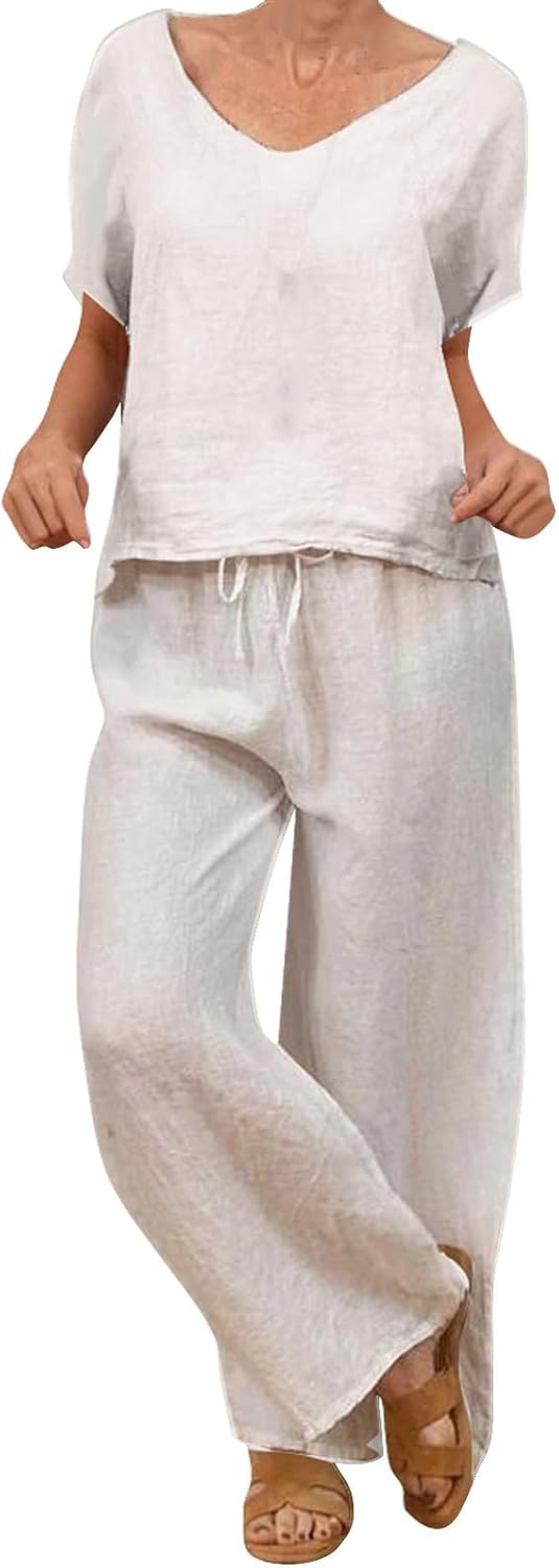 Co Ord Sets for Women Summer Linen Lounge Wear Sets Loose V Neck T Shirts and Wide Leg Trousers Loose Fit Lounge Set Womens Tracksuit Full Set 2 Piece Holiday Outfitss Pyjama Suit Homewear