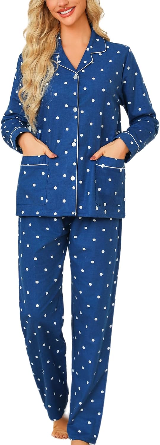 ENJOYNIGHT Womens Pyjamas Cotton Flannel Pajama Set Long Sleeve Button Up Top and Drawstring Bottoms Nightwear