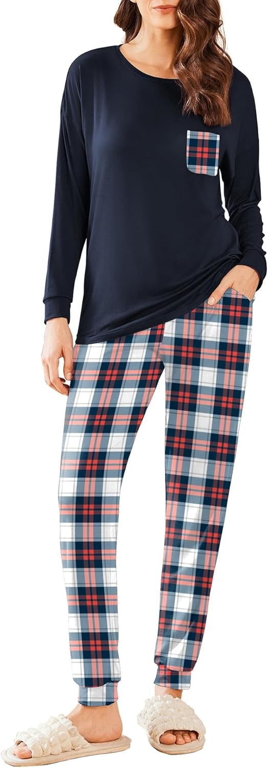 Ekouaer Womens Pajamas Set long Sleeve Tops and Pants 2 Piece PJ Sets Loungewear Sleepwear with Pockets, S-XXL