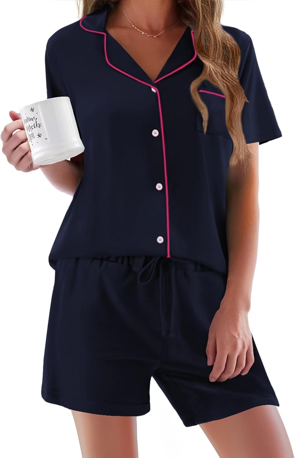 Ekouaer Women’s Pyjama Set Soft Ladies Pyjamas Classic Pjs for Women V-Neck Summer Sleepwear Loungewear,S-2XL