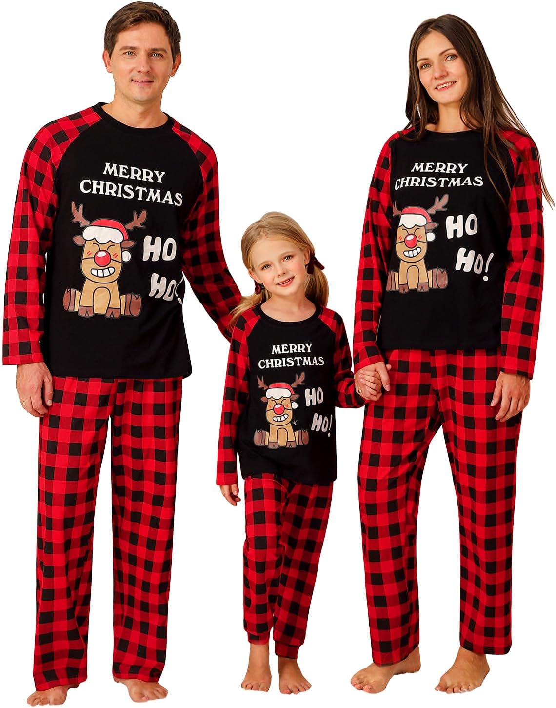Family Matching Christmas Pyjamas Set Cute Santa Elf Reindeer Plaid Pants Pajama Sleepwear for Adult Men Women Kids Couple Pjs