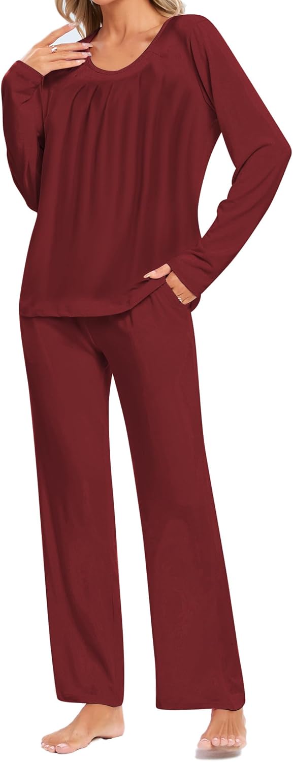 Famulily Comfy Pyjamas for Women Lounge Wear Sets Long Pants with Pleated Nightshirt Sleepwear with Pockets S-XXL