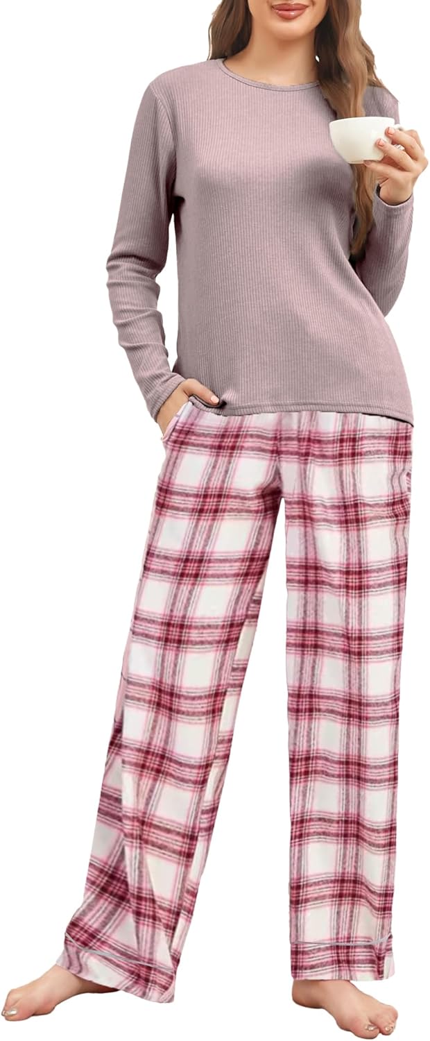 Famulily Pyjamas for Women Set Long Sleeve Nightwear Casual Loungewear Drawstring Pajama Pants for Ladies 2 Pcs