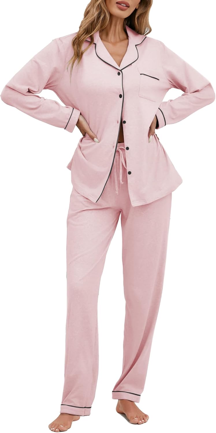 Famulily Womens Pajamas Casual Contrast Piping Button Down Long Sleeve Top and Drawstring Elastic Wide Leg Pants S-XXL