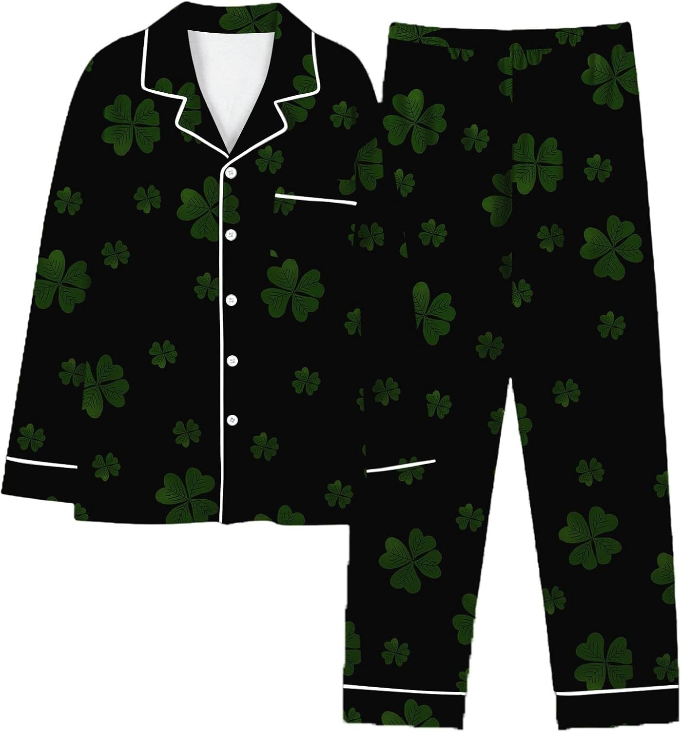 HUIFUAO St Patricks Day Pjs Women Funny Shamrock Pajamas Sets Irish St Paddy Day Outfits Green Clover 2 Piece Nightwear Pyjamas Plus Size Long Sleeve Shirts and Trousers Holiday Loungewear