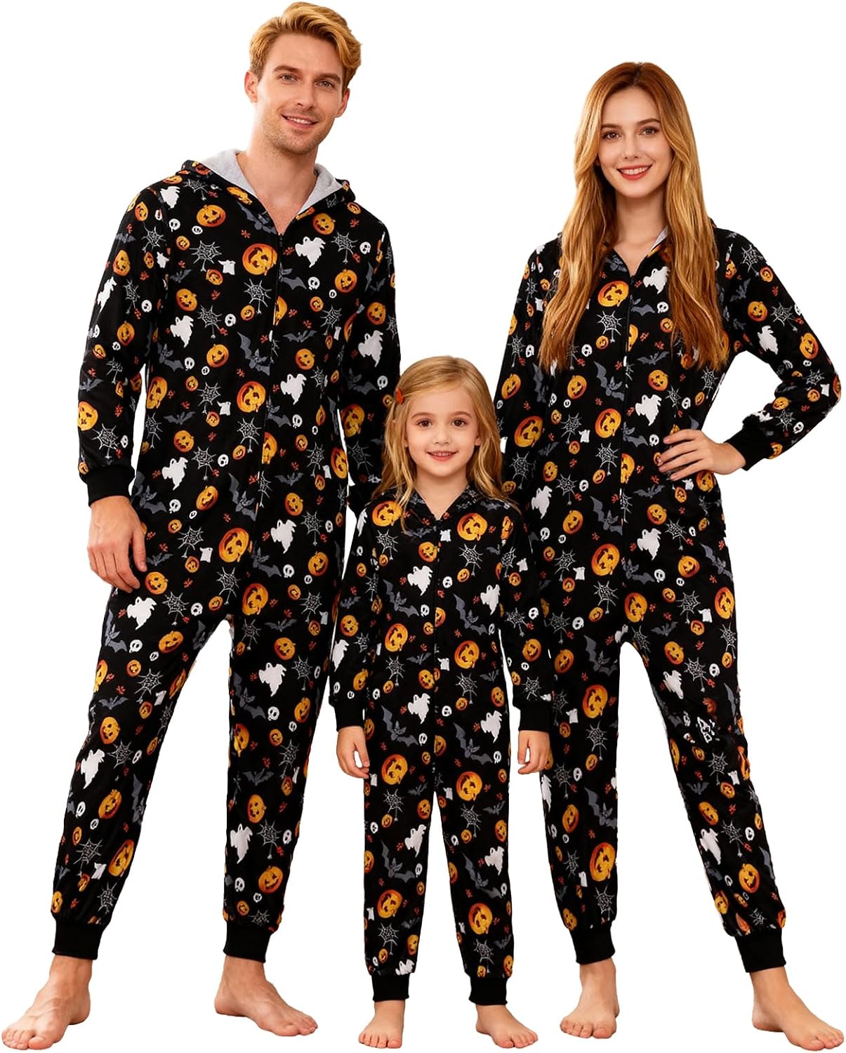 Halloween Family Matching Onesie Pyjamas Hooded Zipper Pjs Women Men Ghost Pumpkin All-over Print Holiday Costume Loungewear for Adult Kids Couples Nightwear