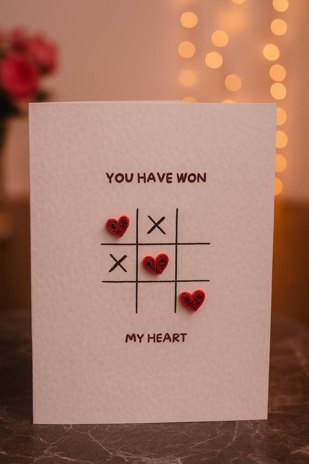 Handmade Love Card – You Have Won My Heart – Quilled Heart Tic Tac Toe – Romantic Anniversary Card