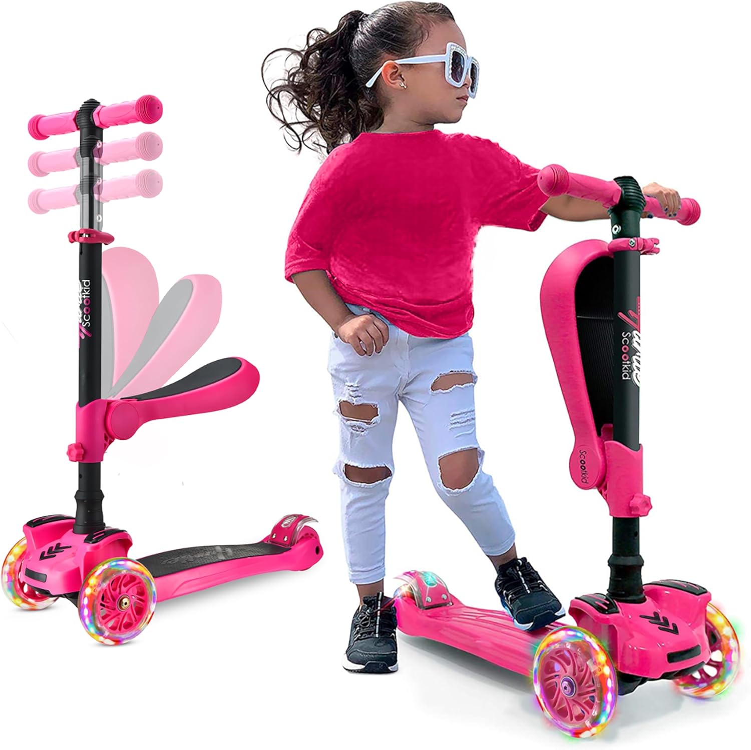 Hurtle 3-Wheeled Scooter for Kids – Wheel LED Lights, Adjustable Lean-to-Steer Handlebar, and Foldable Seat – Sit or Stand Ride with Brake for Boys and Girls Ages 1-14 Years Old
