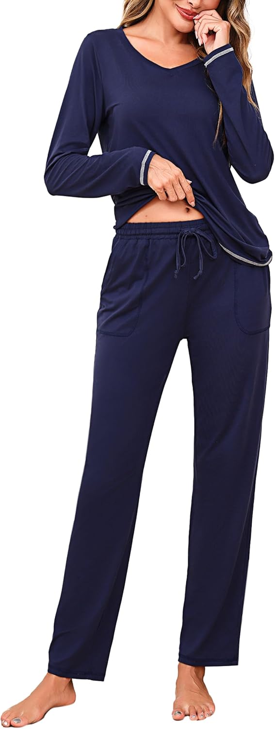 Litherday Womens Pyjamas Set Long Sleeve Pjs for Women Sets Winter 2 Pieces Solid V-Neck Sleepwear with Pockets Drawstring
