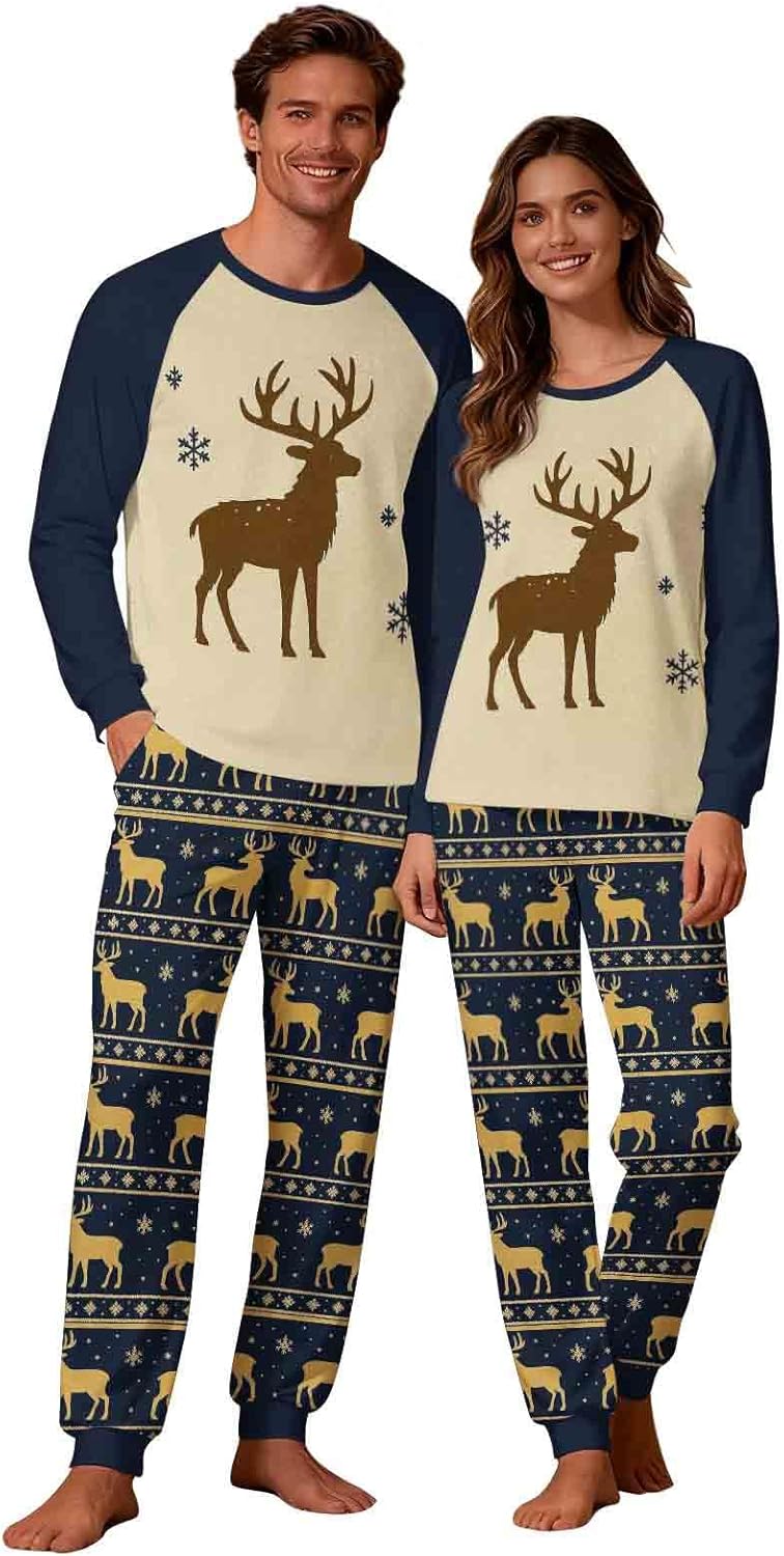 Matching Couples Christmas Pajamas Set Women and Men Pyjamas Pants Loungewear Reindeer Printed Long Sleeve Tops Adults Holiday Pjs Sleepwear Funny Christmas Pajamas Sets Xmas Nightwear for Women Men
