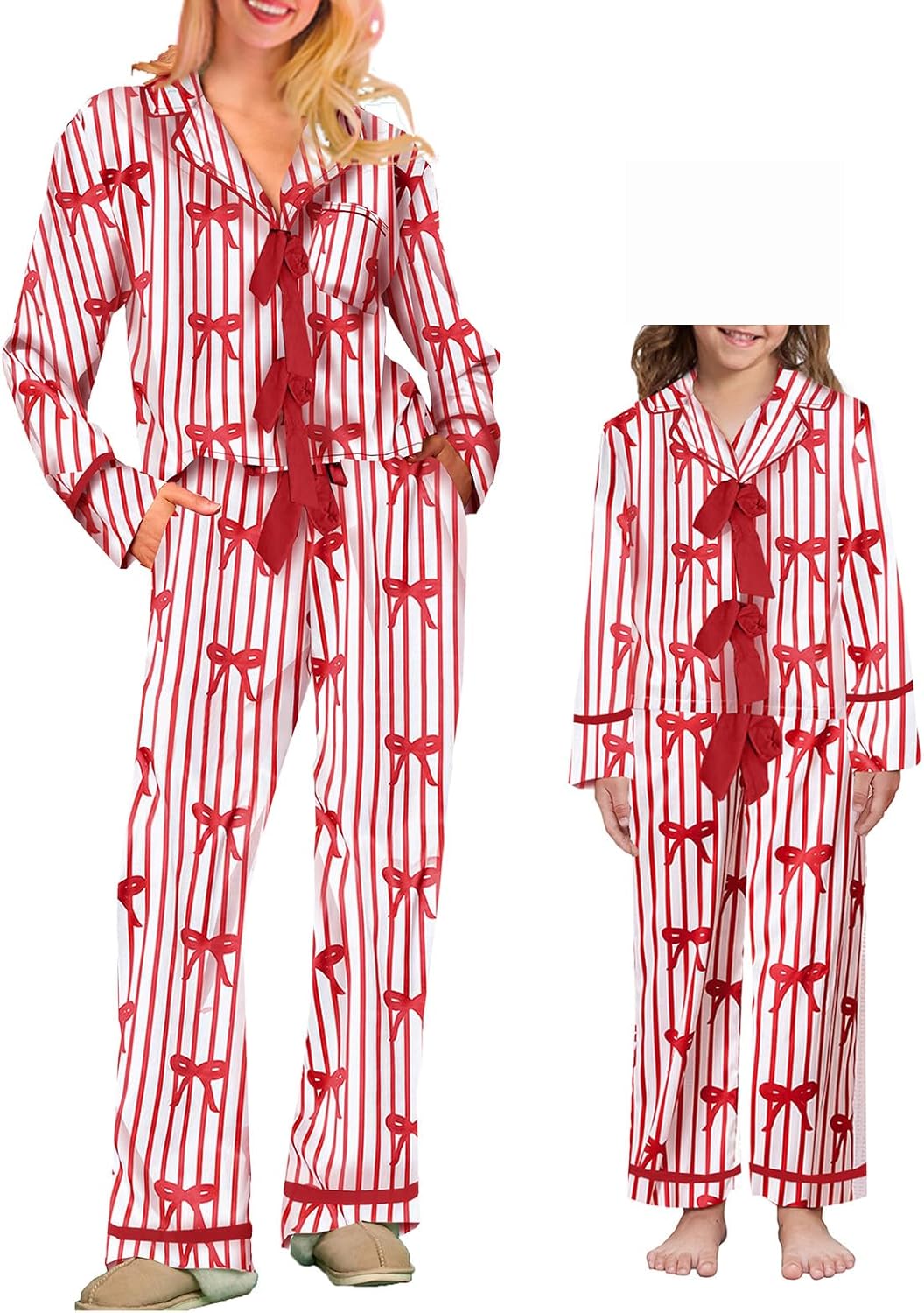 Mommy and Me Christmas Pajamas Set Xmas Pjs Set for Mother Daughter Satin Silk Bow Tie Shirt Pants Xmas Pj Se