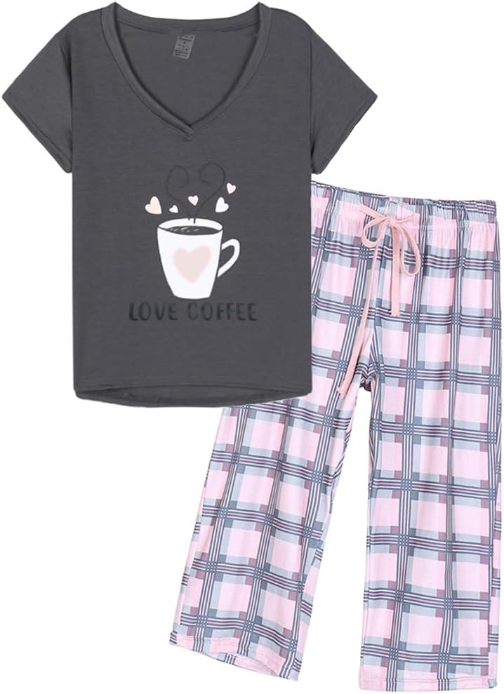 MyFav Women’s Sleepwear Soft Red Wine Printed Short Sleeve Pyjama Capri Set