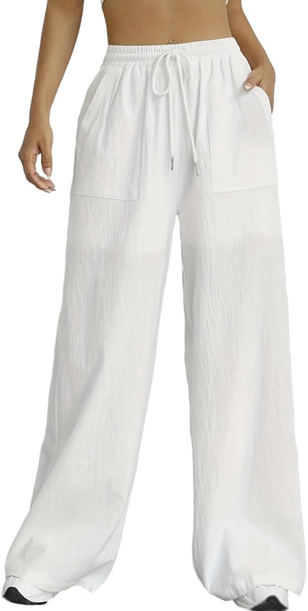 Nuofengkudu Summer Wide Leg Trousers for Women UK Cotton Linen Drawstring Elastic Waist Pockets Lightweight Loose Long Yoga Pants Beach Holiday