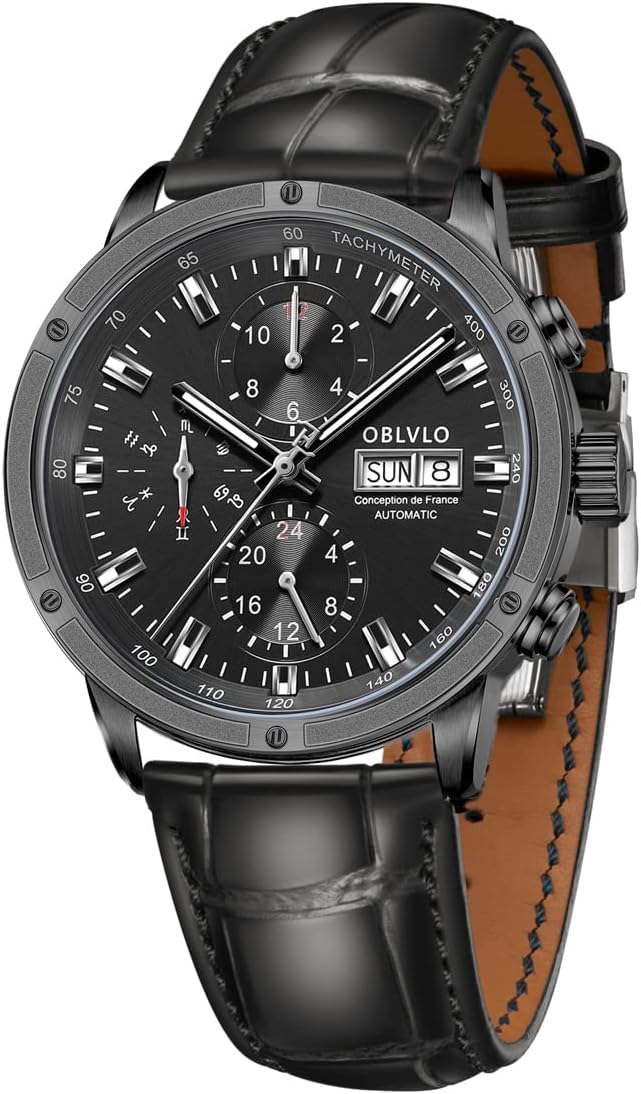 OBLVLO Top Brand Men Watch Automatic Mechanical Date Men Casual Watch Waterproof Leather Strap Watch for Men CM