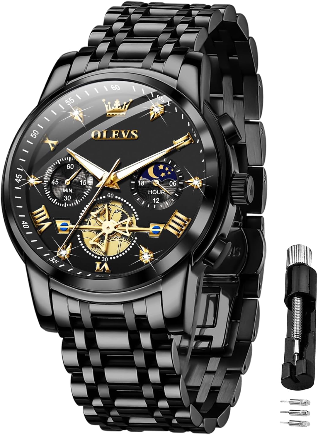 OLEVS Men Skeleton Watches Stainless Steel Analog Quartz Moon Phase Male Diamond Multi Calendar Chronograph Waterproof Wrist Watch for Men