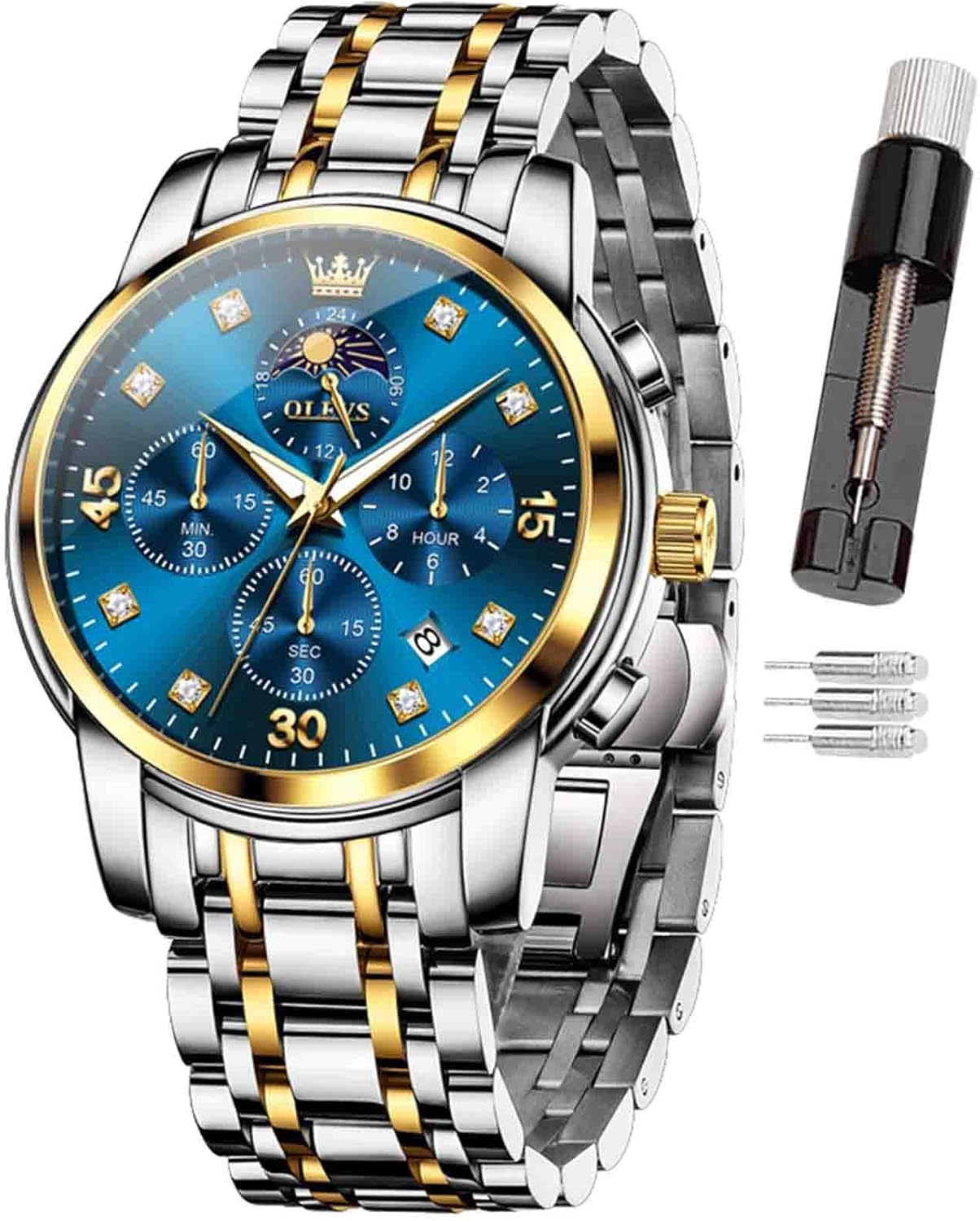OLEVS Mens Watches Chronograph Stainless Steel Analog Quartz Watch for Men, Business Wrist Watch with Luminous Hands, 24-Hour Moon Phase, Auto Date, Waterproof 30M, Link Adjustment Tool Included